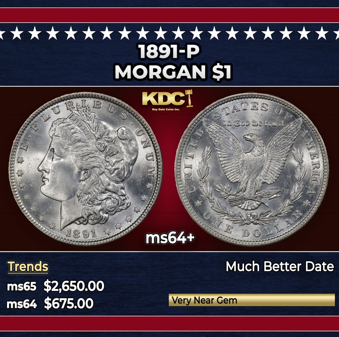 1891-p Morgan Dollar $1 ms64+ SEGS: 1891-p Morgan Dollar $1 ms64+ SEGS.