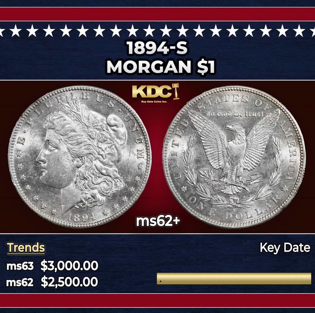 1894-s Morgan Dollar $1 ms62+ USCG: 1894-s Morgan Dollar $1 ms62+ USCG.