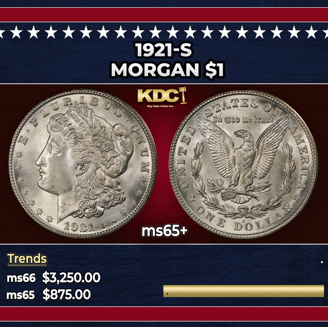 1921-s Morgan Dollar $1 ms65+ SEGS: 1921-s Morgan Dollar $1 ms65+ SEGS.