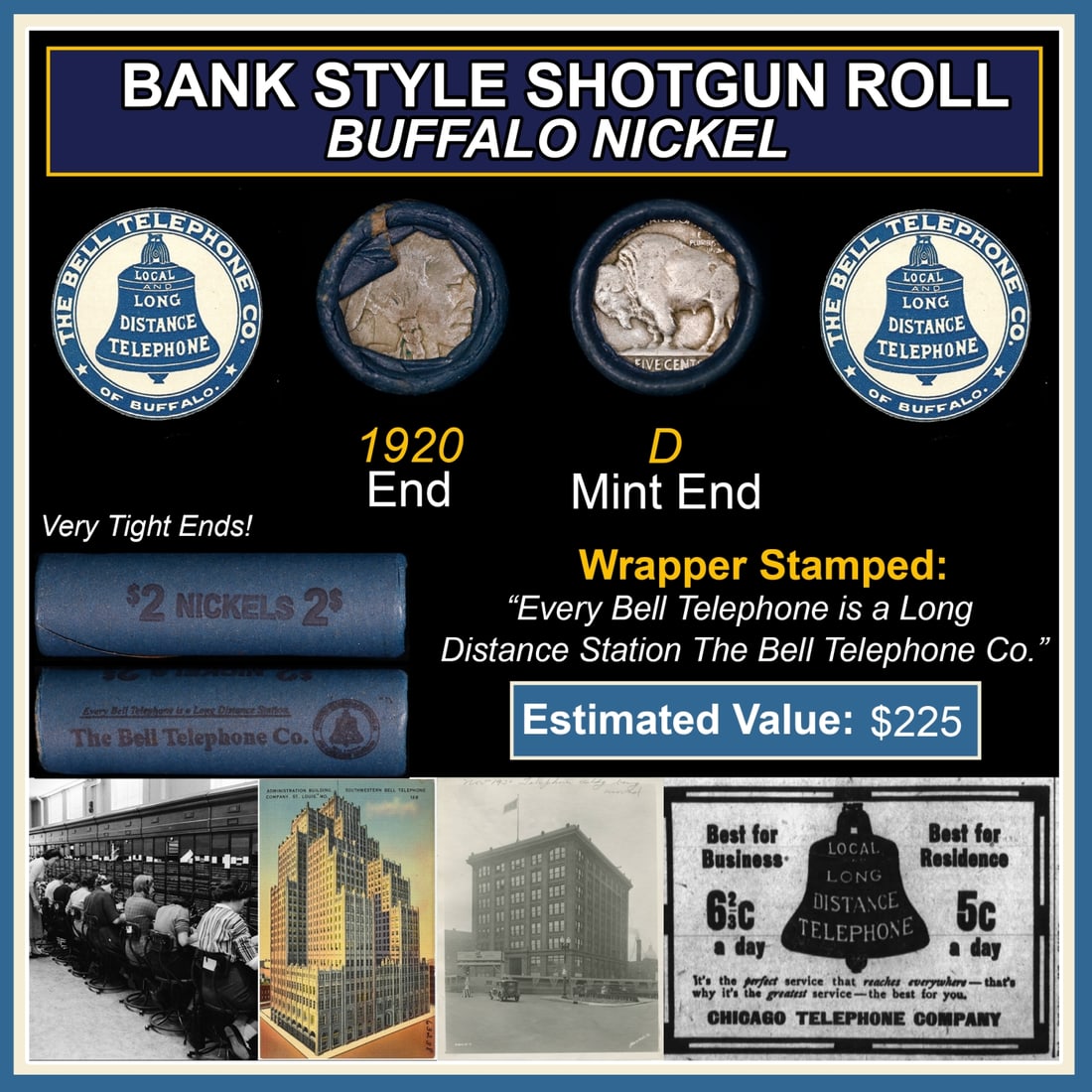 Buffalo Nickel Shotgun Roll in Old Bank Style 'Bell Telephone' Wrapper 1920 & D Mint Ends: Buffalo Nickel Shotgun Roll in Old Bank Style 'Bell Telephone' Wrapper 1920 & D Mint Ends. The roll is held in an old, rare "Bell Telephone Co." Bank style wrapper. This is the Bell Telephone logo