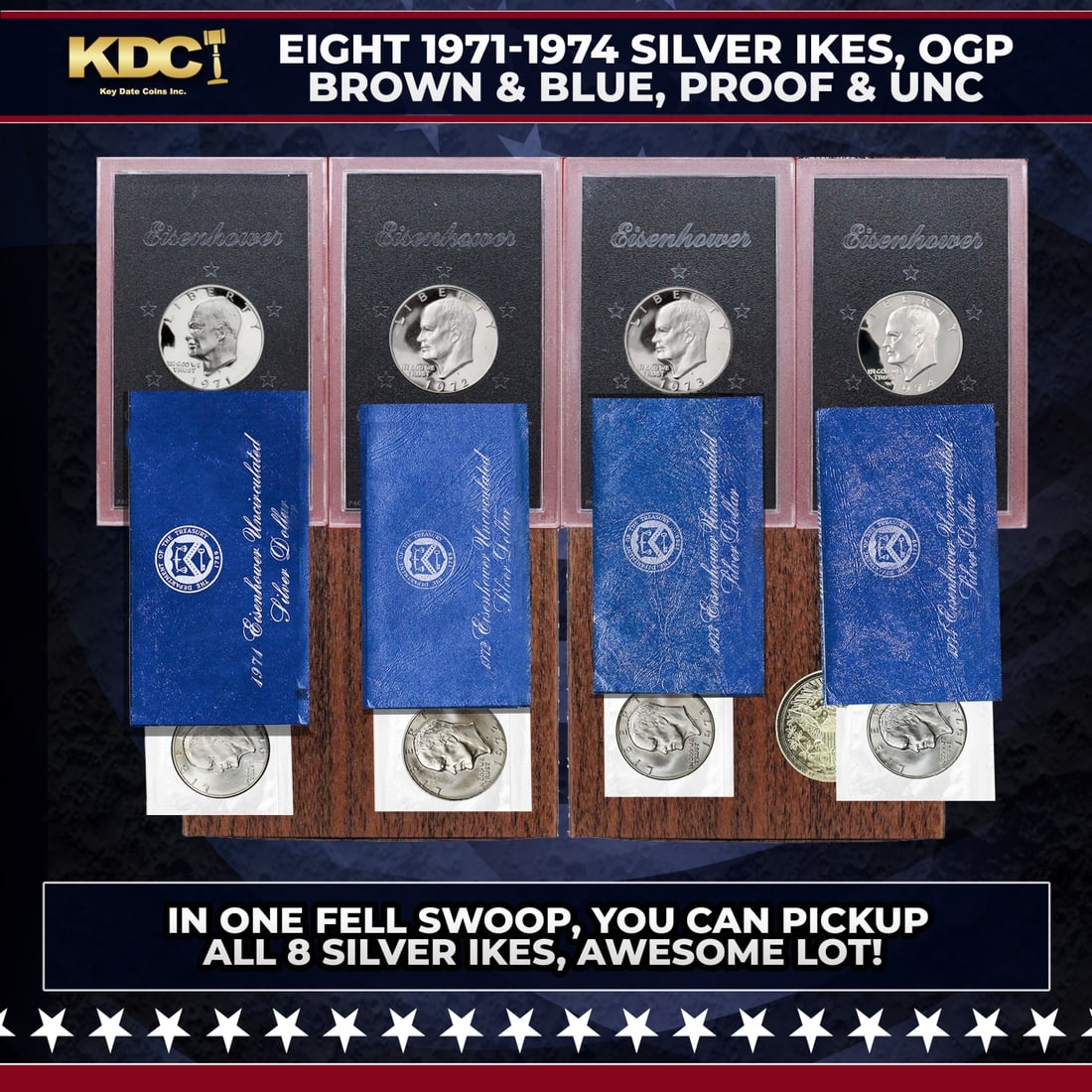 1971-1974 Full US Mint Silver Proof "Blue Ikes" and "Brown Ikes" Run, In Original Packaging - 8 C...: 1971-1974 Full US Mint Silver Proof "Blue Ikes" and "Brown Ikes" Run, In Original Packaging - 8 Coins Total. "Blue Ikes" are uncirculated, 40% silver Eisenhower dollars packaged in blue envelopes by
