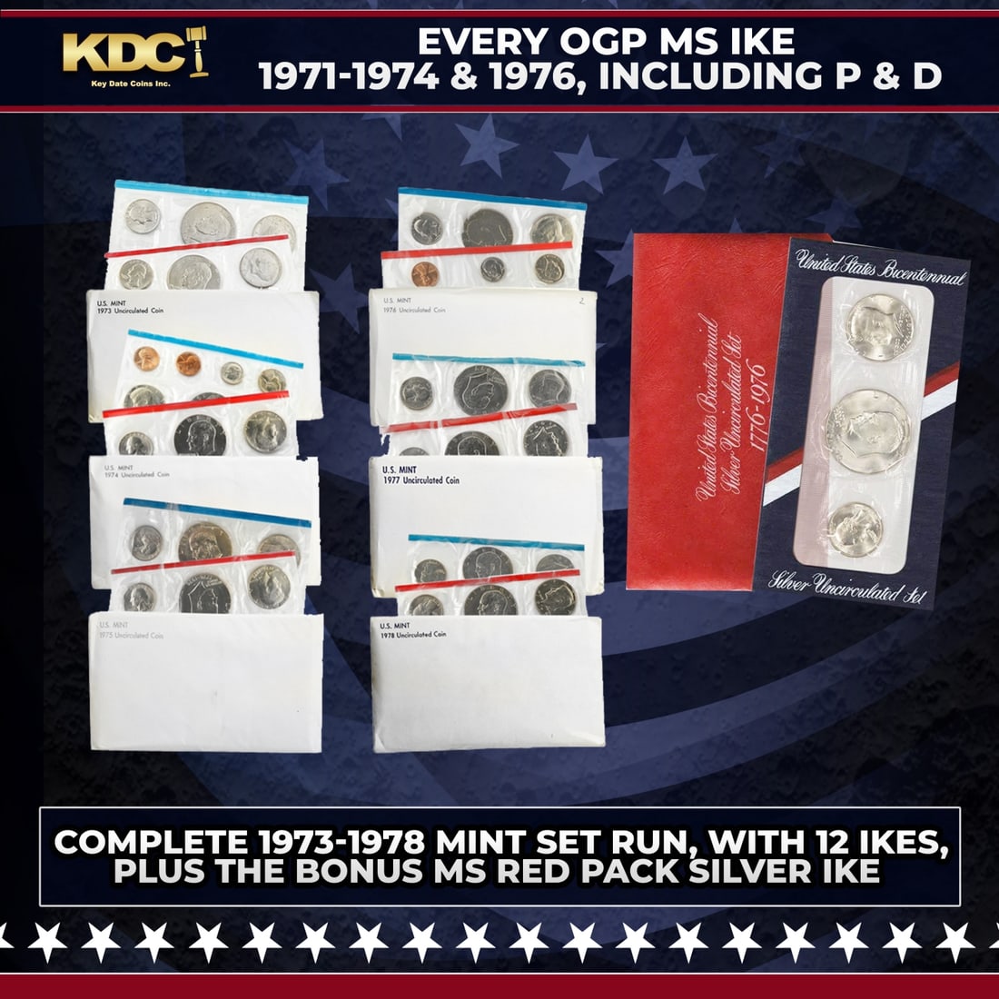 1973-1978 Mint Set Run Plus Bonus Silver Bicentennial "Red Pack" 77 Coins 7 Complete Sets Complet...: 1973-1978 Mint Set Run Plus Bonus Silver Bicentennial "Red Pack" 77 Coins 7 Complete Sets Complete Mint IKE Set.