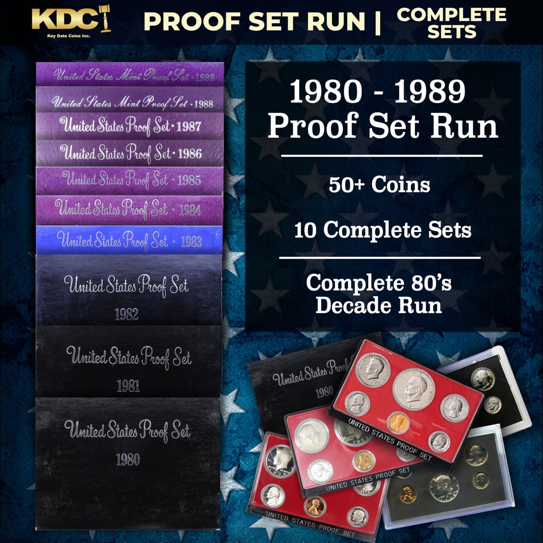 1980-1989 Full Decade Proof Set Run - 53 Coins, 10 Complete Sets: 1980-1989 Full Decade Proof Set Run - 53 Coins, 10 Complete Sets. 1980-1989 Full Decade Proof Set Run - 53 Coins, 10 Complete Sets. The Susan B Anthony dollar coin was removed from the proof set in