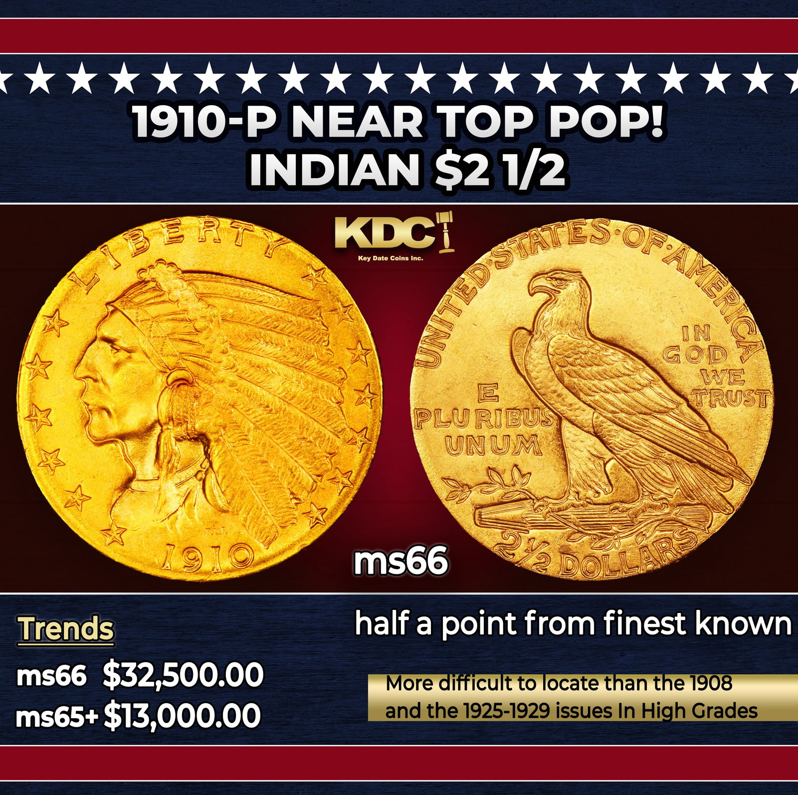 1910-p Gold Indian Quarter Eagle Near Top Pop! $2 1/2 ms66 USCG: 1910-p Near Top Pop! Gold Indian Quarter Eagle $2 1/2 ms66 USCG. The 1910 Indian quarter eagle claims a nominal mintage of 492,000 pieces, and the issue is a medium rarity in the series in high grade.