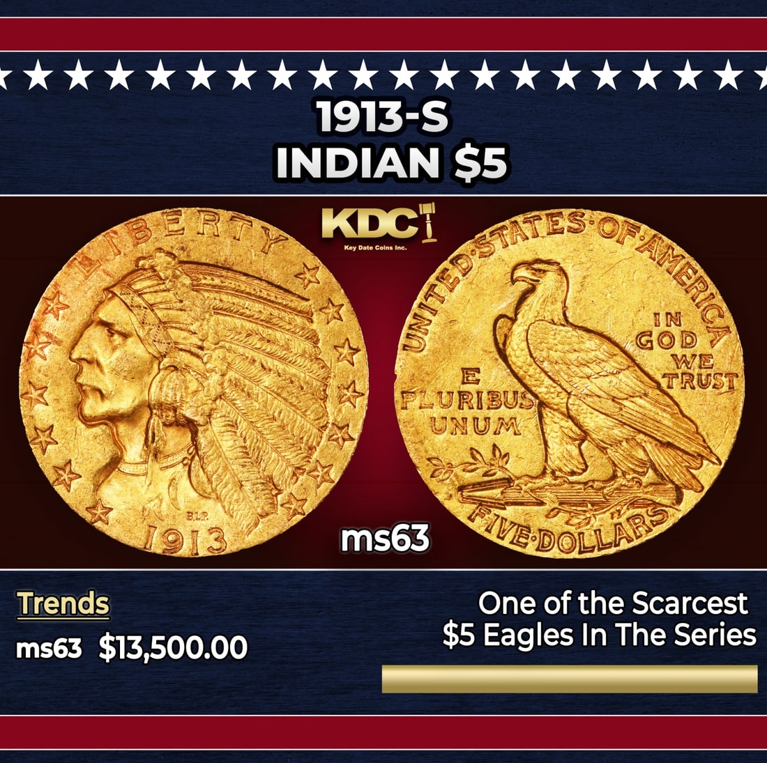 1913-s Gold Indian Half Eagle $5 ms63 USCG: 1913-s Gold Indian Half Eagle $5 ms63 USCG. The 1913 Indian $5 is a tremendous condition rarity, with pieces readily available in lower Mint State but increasingly unavailable approaching Gem. While