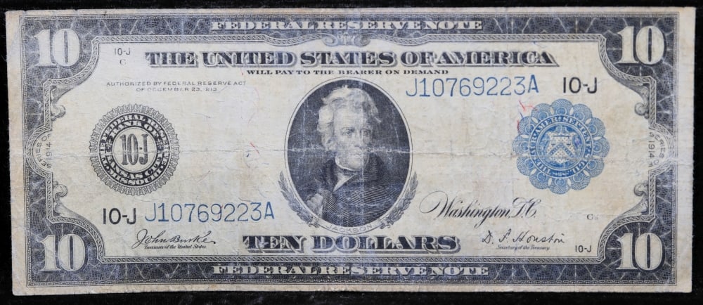 1914 $10 Large Size Blue Seal Federal Reserve Note Kansas City, MO Grades vf+ Fr-943 - 2