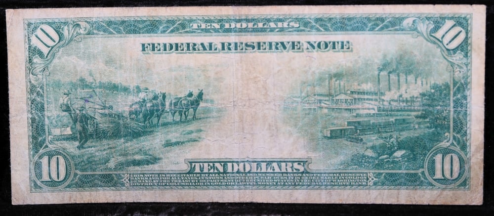 1914 $10 Large Size Blue Seal Federal Reserve Note Kansas City, MO Grades vf+ Fr-943 - 3