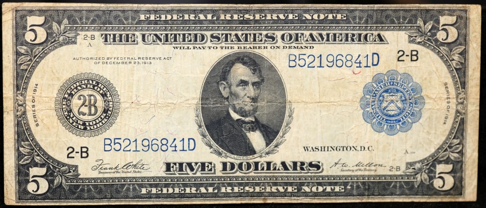 1914 $5 Large Size Blue Seal Federal Reserve Note New York, NY Grades vf+ FR-848 - 2