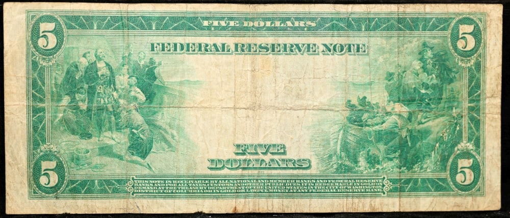 1914 $5 Large Size Blue Seal Federal Reserve Note New York, NY Grades vf+ FR-848 - 3