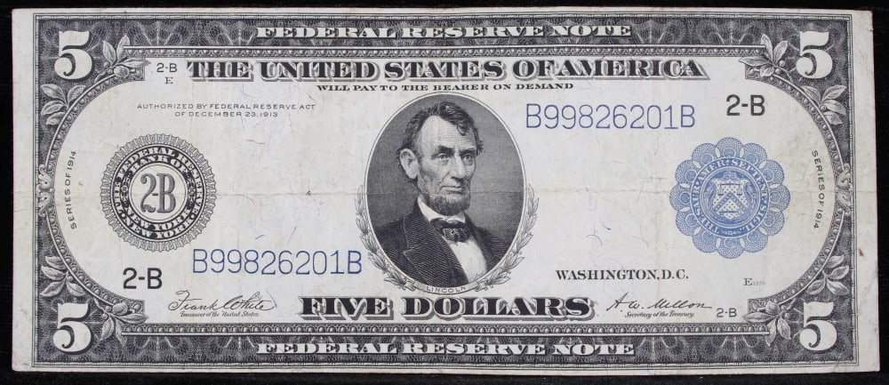 1914 $5 Large Size Blue Seal Federal Reserve Note New York, NY Grades xf FR-848 - 2