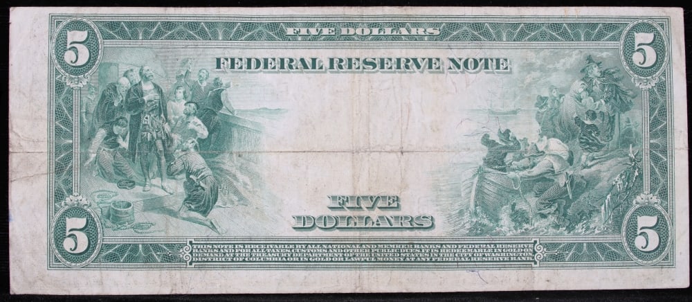 1914 $5 Large Size Blue Seal Federal Reserve Note New York, NY Grades xf FR-848 - 3