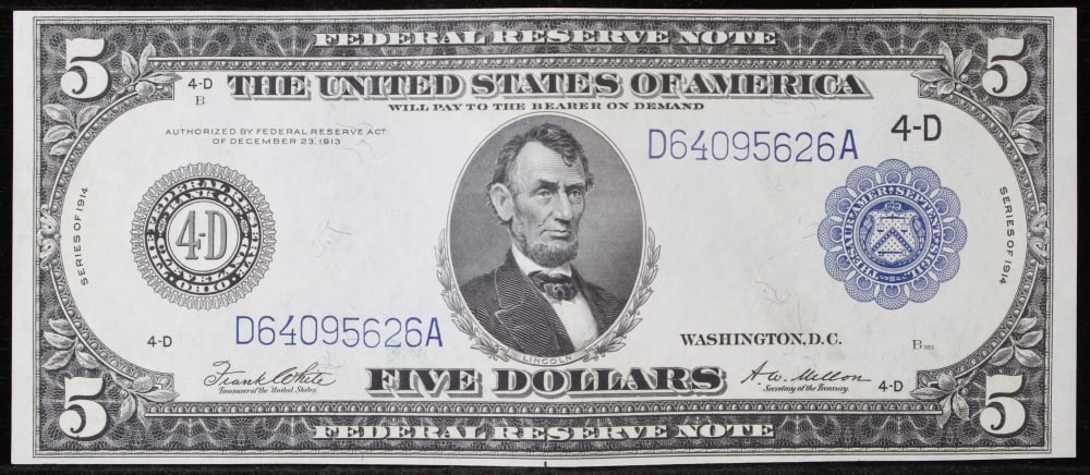 1914 $5 Large Size Blue Seal Federal Reserve Note Cleveland, OH Grades Select CU FR-859 - 2
