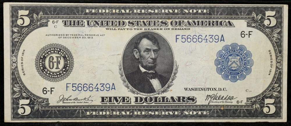 1914 $5 Large Size Blue Seal Federal Reserve Note Atlanta, GA Grades Select AU FR-866 - 2