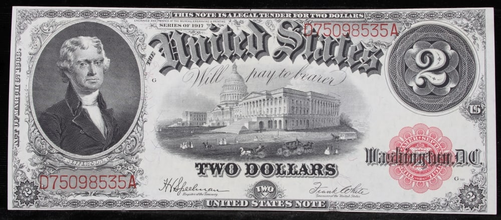 1917 $2 Large Size Legal Tender Note Thomas Jefferson Grades Choice AU/BU Slider Signatures Speel... - 2