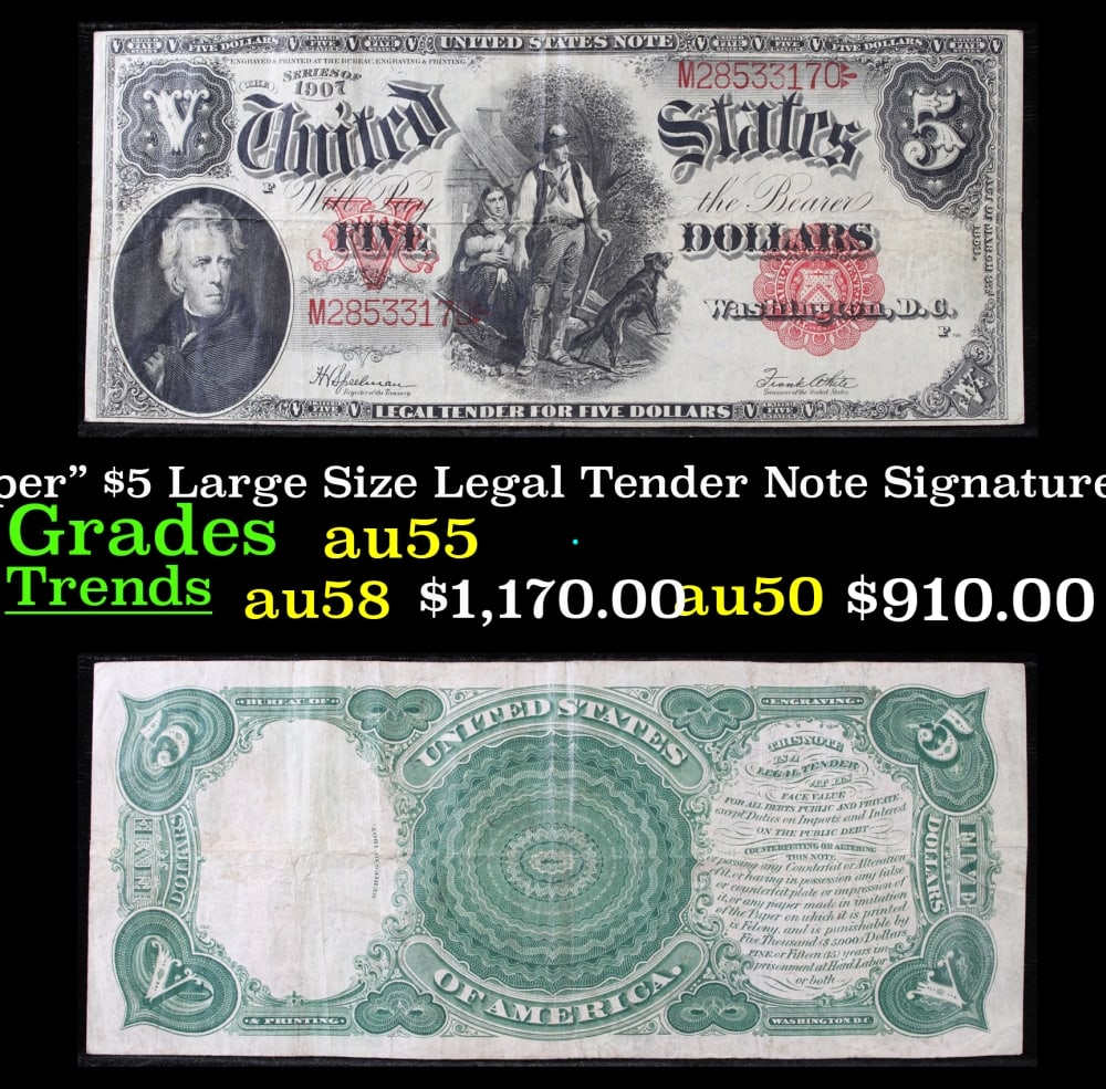 1907 $5 Large Size Legal Tender Note "WoodChopper" Grades Choice AU Signatures Speelman/White: 1907 $5 Large Size Legal Tender Note "WoodChopper" Grades Choice AU Signatures Speelman/White. FR-91 It is one of the most sought-after notes ever produced and now you can claim one for yourself!