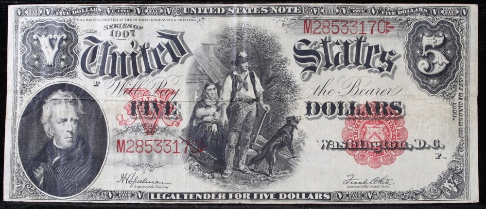 1907 $5 Large Size Legal Tender Note "WoodChopper" Grades Choice AU Signatures Speelman/White - 2