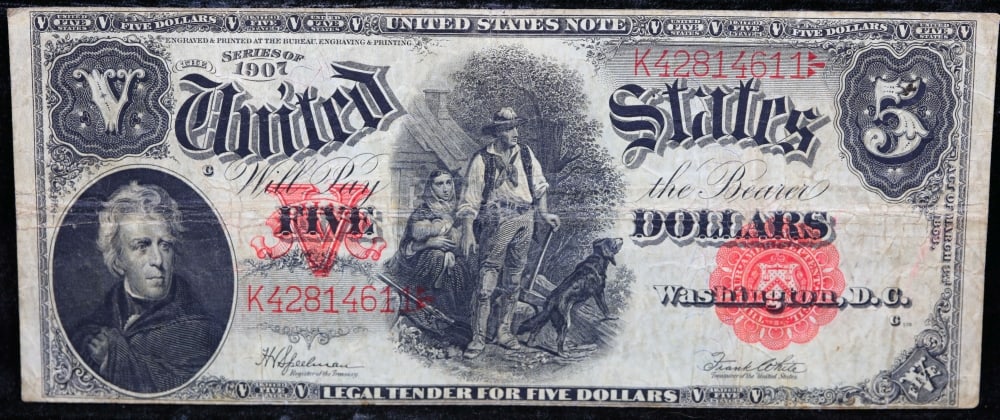 1907 $5 Large Size Legal Tender Note "WoodChopper" Grades vf+ Signatures Speelman/White - 2