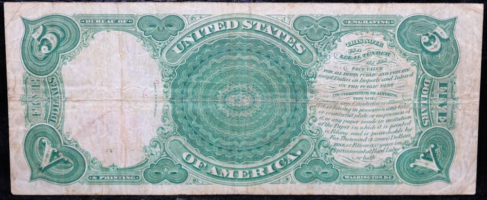 1907 $5 Large Size Legal Tender Note "WoodChopper" Grades vf+ Signatures Speelman/White - 3