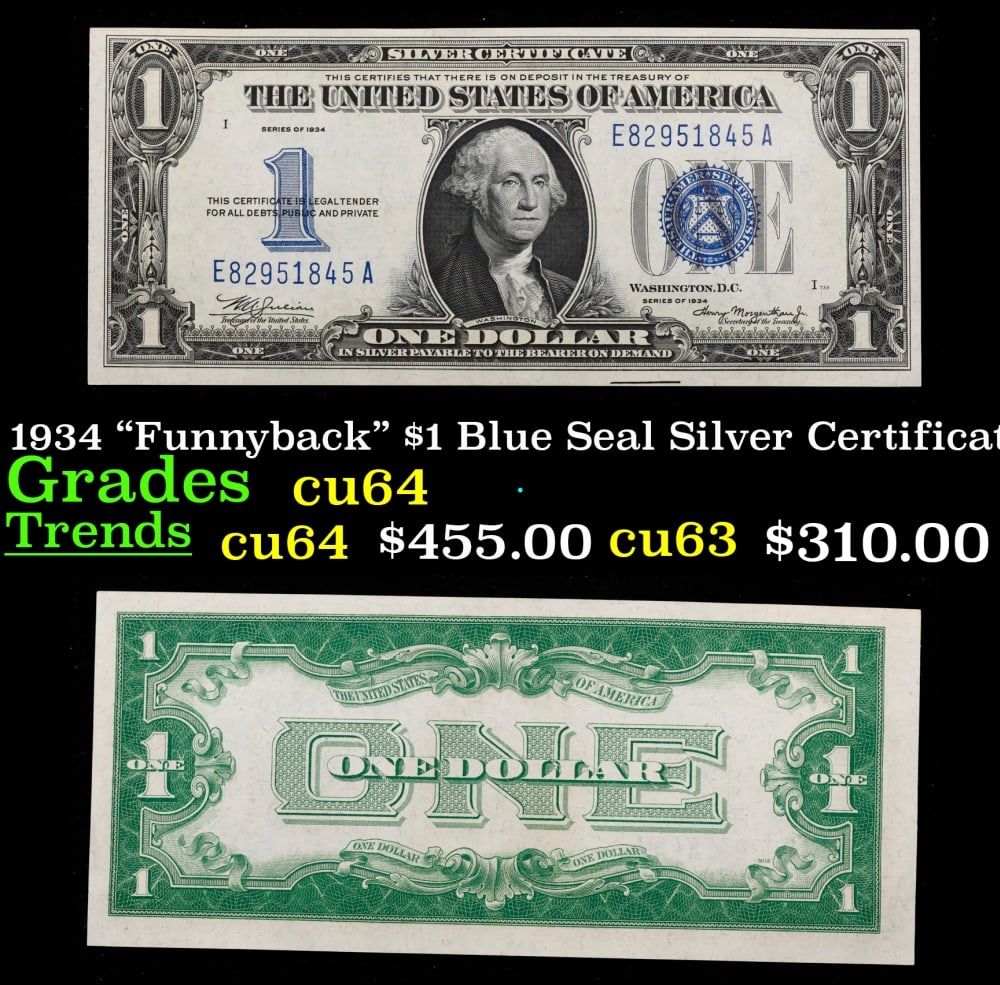 1934 $1 Blue Seal Silver Certificate "Funnyback" Grades Choice CU: 1934 $1 Blue Seal Silver Certificate "Funnyback" Grades Choice CU. FR-1606 Series 1934, signatures Julian-Morgenthau. This note features the familiar portrait of George Washington that was used on