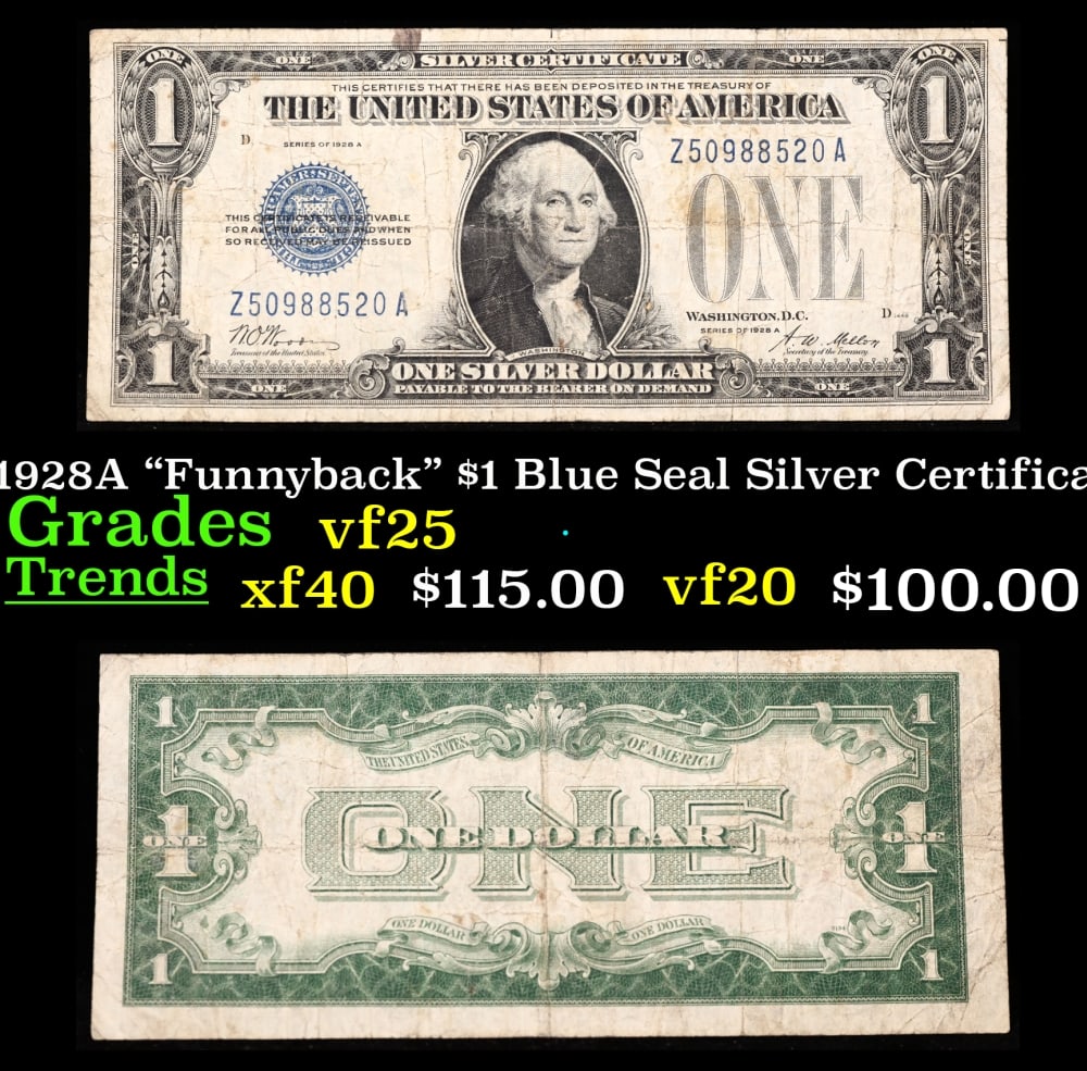 1928A $1 Blue Seal Silver Certificate "Funnyback" Grades vf+: 1928A $1 Blue Seal Silver Certificate "Funnyback" Grades vf+. FR-1601 Signatures Woods-Mellon These were the first notes to be called funnybacks. The reason they are called funnybacks is because of th