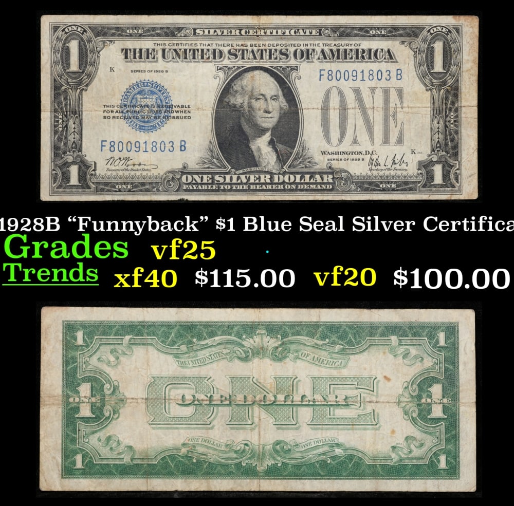 1928B $1 Blue Seal Silver Certificate "Funnyback" Grades vf+: 1928B $1 Blue Seal Silver Certificate "Funnyback" Grades vf+. FR-1602 Signatures Woods-Mills These were the first notes to be called funnybacks. The reason they are called funnybacks is because of the