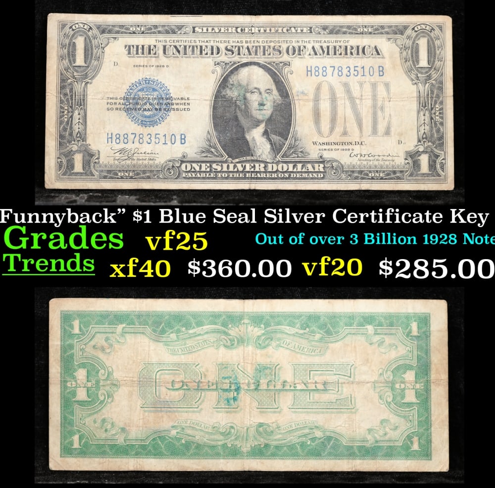 1928D $1 Blue Seal Silver Certificate "Funnyback" Key To Series Grades vf+: 1928D $1 Blue Seal Silver Certificate "Funnyback" Key To Series Grades vf+. FR-1604 Julian-Woodin These were the first notes to be called funnybacks. The reason they are called funnybacks is because