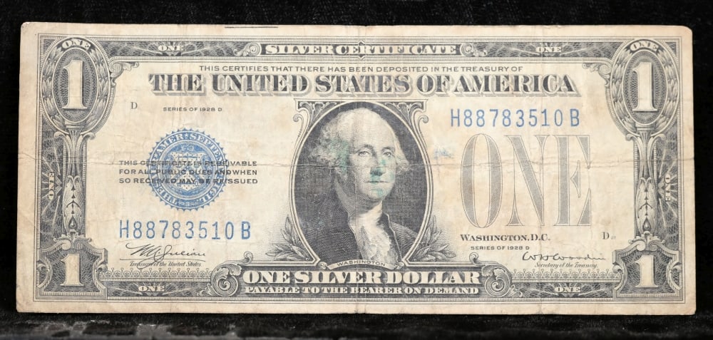 1928D $1 Blue Seal Silver Certificate "Funnyback" Key To Series Grades vf+ - 2