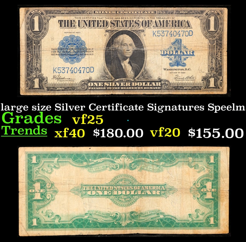 1923 $1 large size Silver Certificate Grades vf+ Signatures Speelman/White: 1923 $1 large size Silver Certificate Grades vf+ Signatures Speelman/White. Fr-237 The term “horse blanket” gets used a lot when talking about large size currency. It is most frequently us