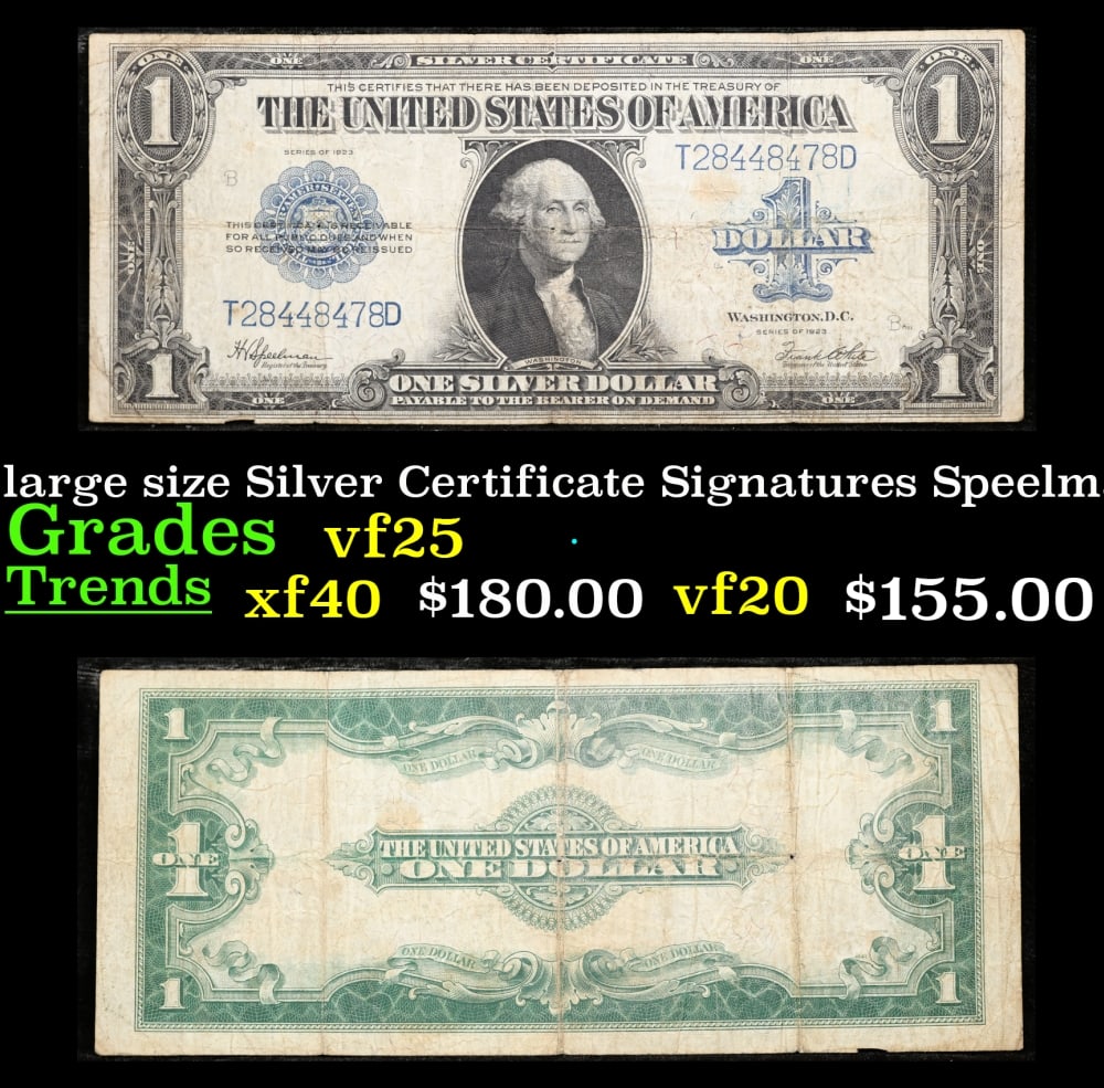 1923 $1 large size Silver Certificate Grades vf+ Signatures Speelman/White: 1923 $1 large size Silver Certificate Grades vf+ Signatures Speelman/White. Fr-237 The term “horse blanket” gets used a lot when talking about large size currency. It is most frequently
