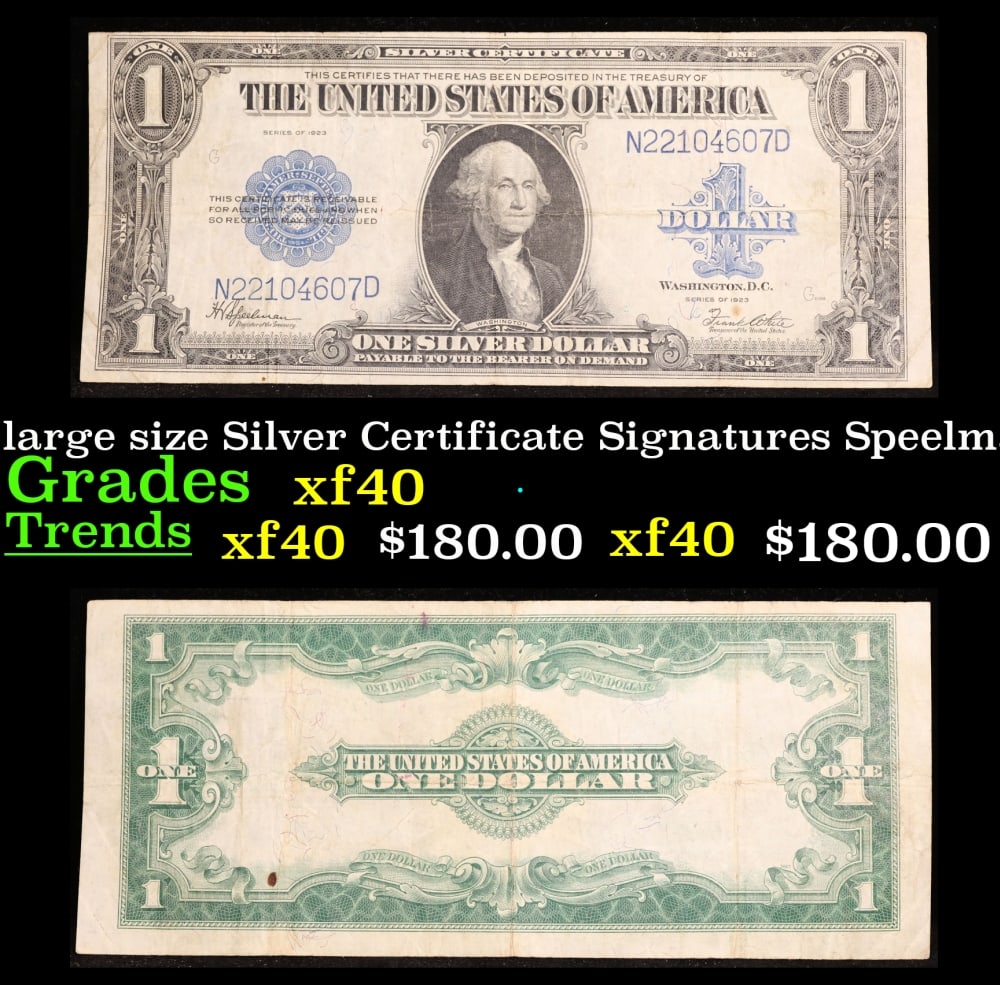 1923 $1 large size Silver Certificate Grades xf Signatures Speelman/White: 1923 $1 large size Silver Certificate Grades xf Signatures Speelman/White. Fr-237 The term “horse blanket” gets used a lot when talking about large size currency. It is most frequently