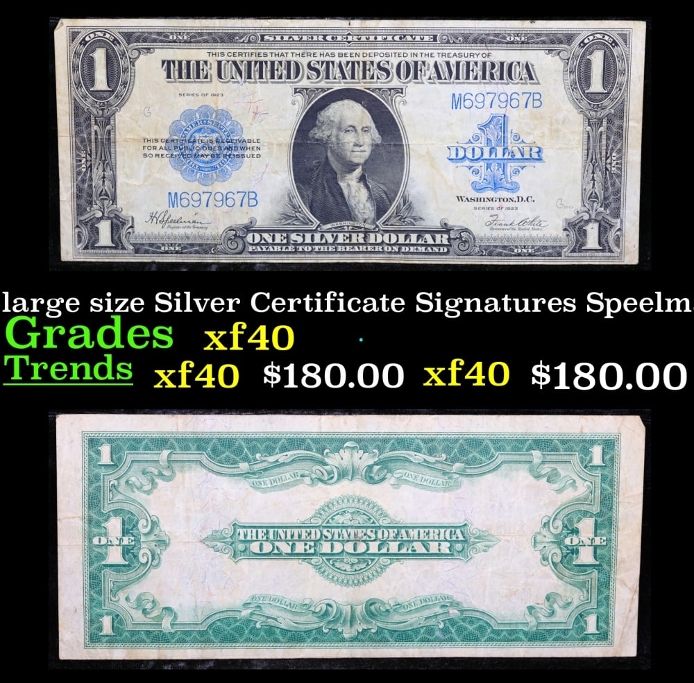 1923 $1 large size Silver Certificate Grades xf Signatures Speelman/White: 1923 $1 large size Silver Certificate Grades xf Signatures Speelman/White. Fr-237 The term “horse blanket” gets used a lot when talking about large size currency. It is most frequently