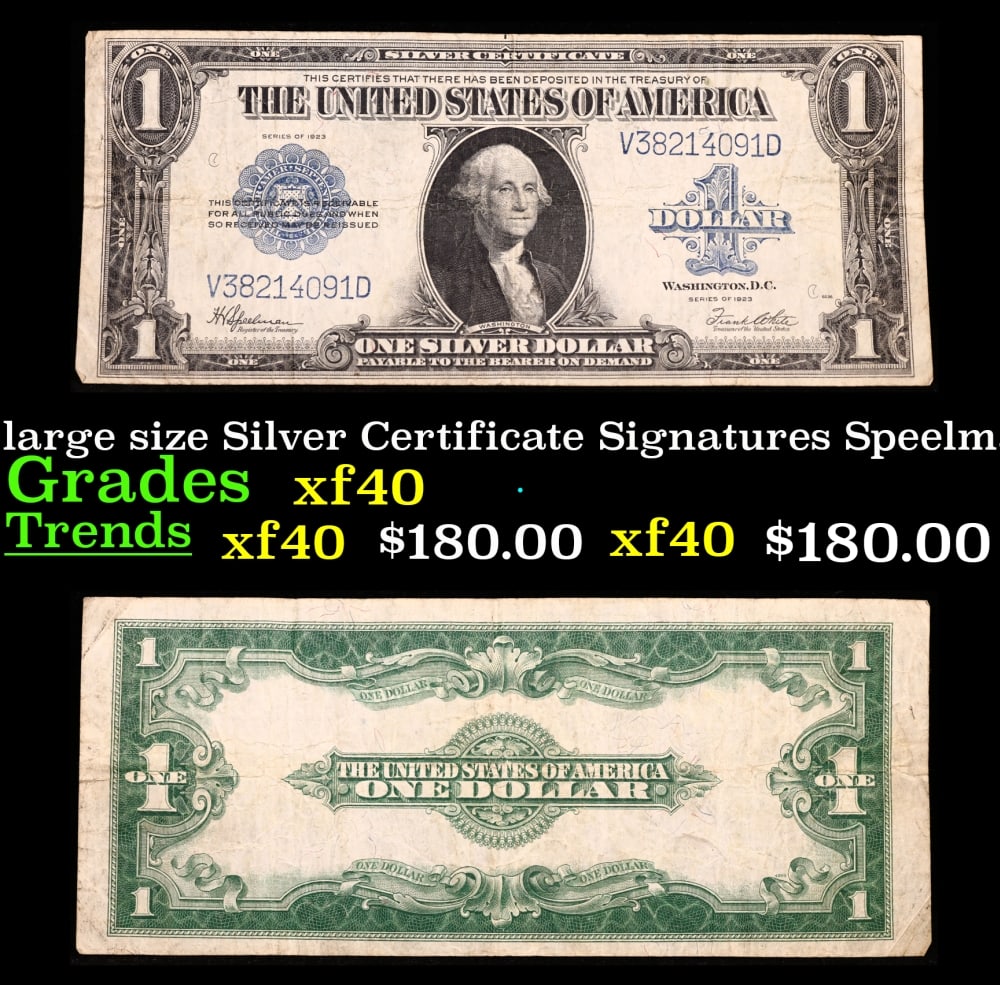 1923 $1 large size Silver Certificate Grades xf Signatures Speelman/White: 1923 $1 large size Silver Certificate Grades xf Signatures Speelman/White. Fr-237 The term “horse blanket” gets used a lot when talking about large size currency. It is most frequently