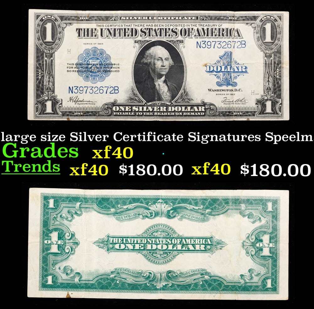 1923 $1 large size Silver Certificate Grades xf Signatures Speelman/White: 1923 $1 large size Silver Certificate Grades xf Signatures Speelman/White. Fr-237 The term “horse blanket” gets used a lot when talking about large size currency. It is most frequently