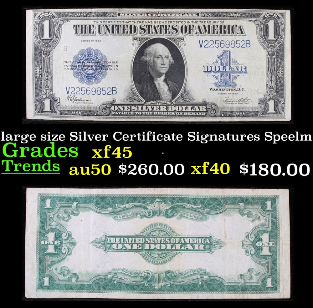 1923 $1 large size Silver Certificate Grades xf+ Signatures Speelman/White: 1923 $1 large size Silver Certificate Grades xf+ Signatures Speelman/White. Fr-237 The term “horse blanket” gets used a lot when talking about large size currency. It is most frequently