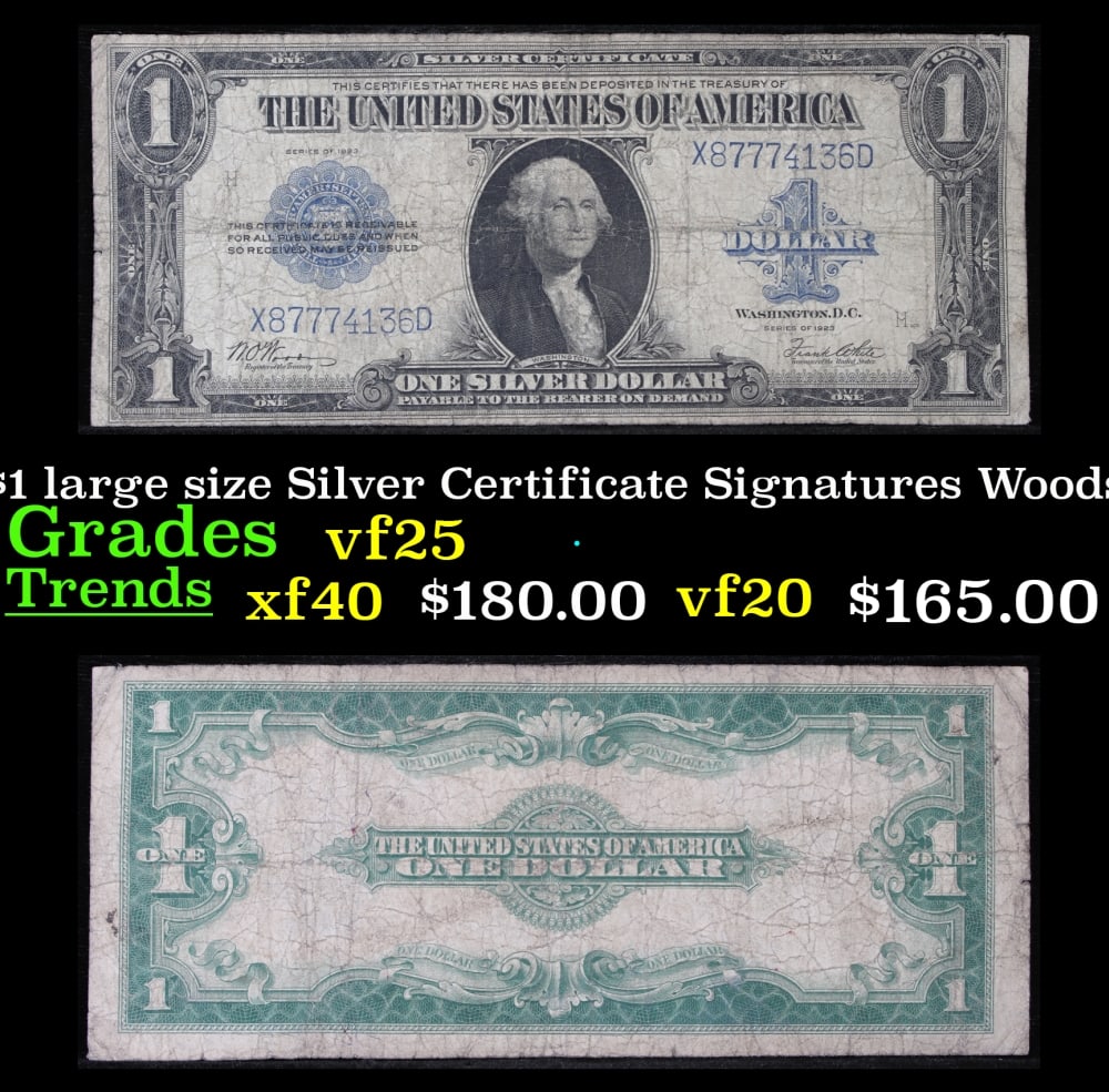 1923 $1 large size Silver Certificate Grades vf+ Signatures Woods/White: 1923 $1 large size Silver Certificate Grades vf+ Signatures Woods/White. Fr-238 The term “horse blanket” gets used a lot when talking about large size currency. It is most frequently used