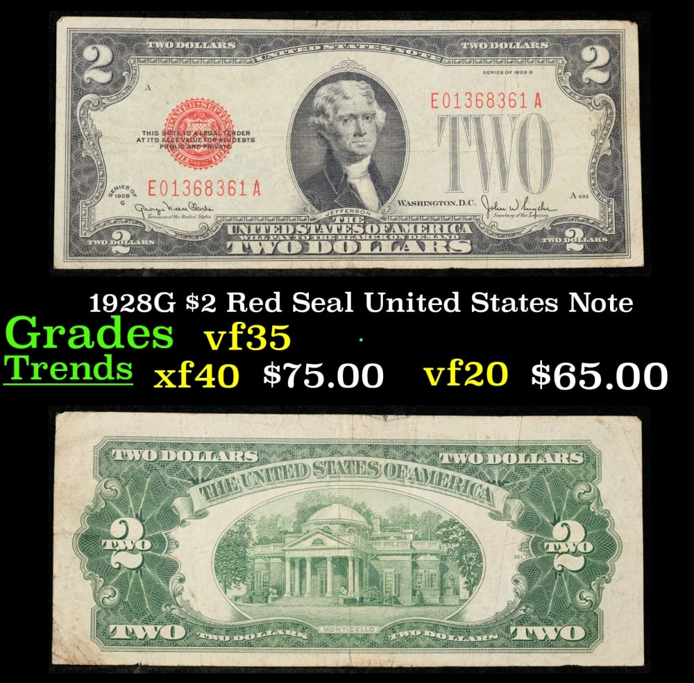 1928G $2 Red Seal United States Note Grades vf++: 1928G $2 Red Seal United States Note Grades vf++. FR-1508 Two dollar bills from the series of 1928 are called 1928 $2 legal tenders. All legal tenders have a red seal. 1928 was also the first year