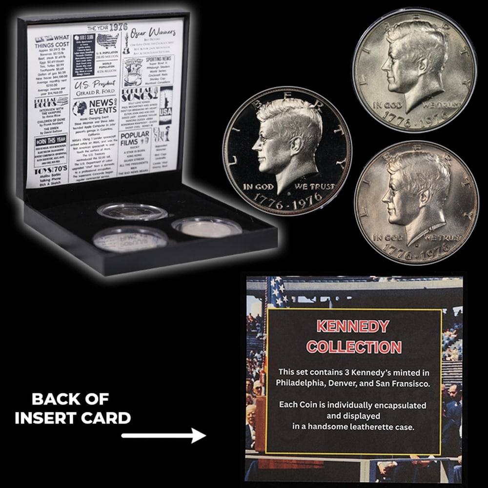 Complete 3 PC. 1976 Bicentennial Kennedy Half Dollar 50c set In Custom Box W/ Special Backer Card... - 5