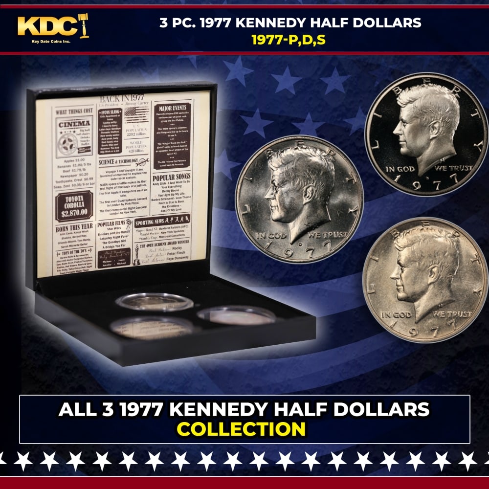 Complete 3 PC. 1977 Kennedy Half Dollar 50c set In Custom Box W/ Special Backer Card BU & Proof C...: Complete 3 PC. 1977 Kennedy Half Dollar 50c set In Custom Box W/ Special Backer Card BU & Proof COOL!. Please Note All Backer Cards may have slight differences but will be very similar if not