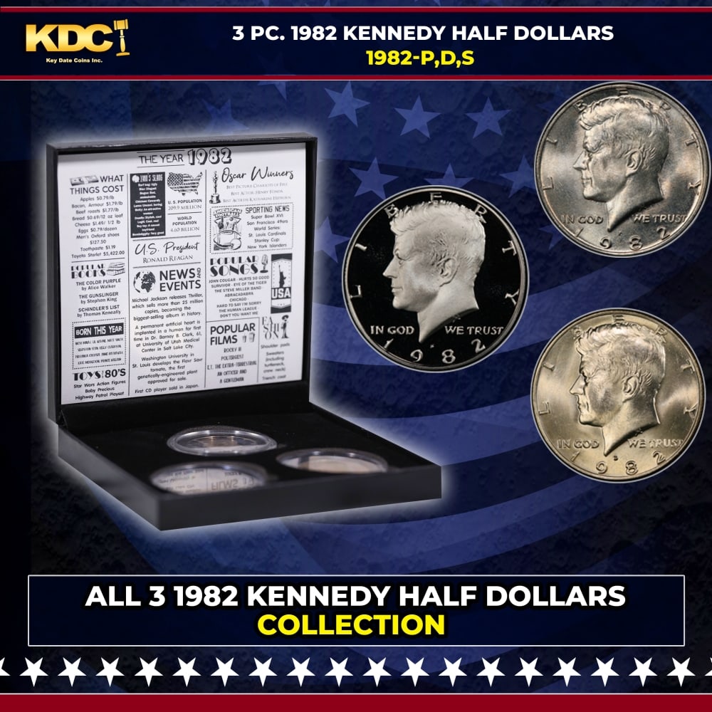 Complete 3 PC. 1982 Kennedy Half Dollar 50c set In Custom Box W/ Special Backer Card BU & Proof C...: Complete 3 PC. 1982 Kennedy Half Dollar 50c set In Custom Box W/ Special Backer Card BU & Proof COOL!. Please Note All Backer Cards may have slight differences but will be very similar if not