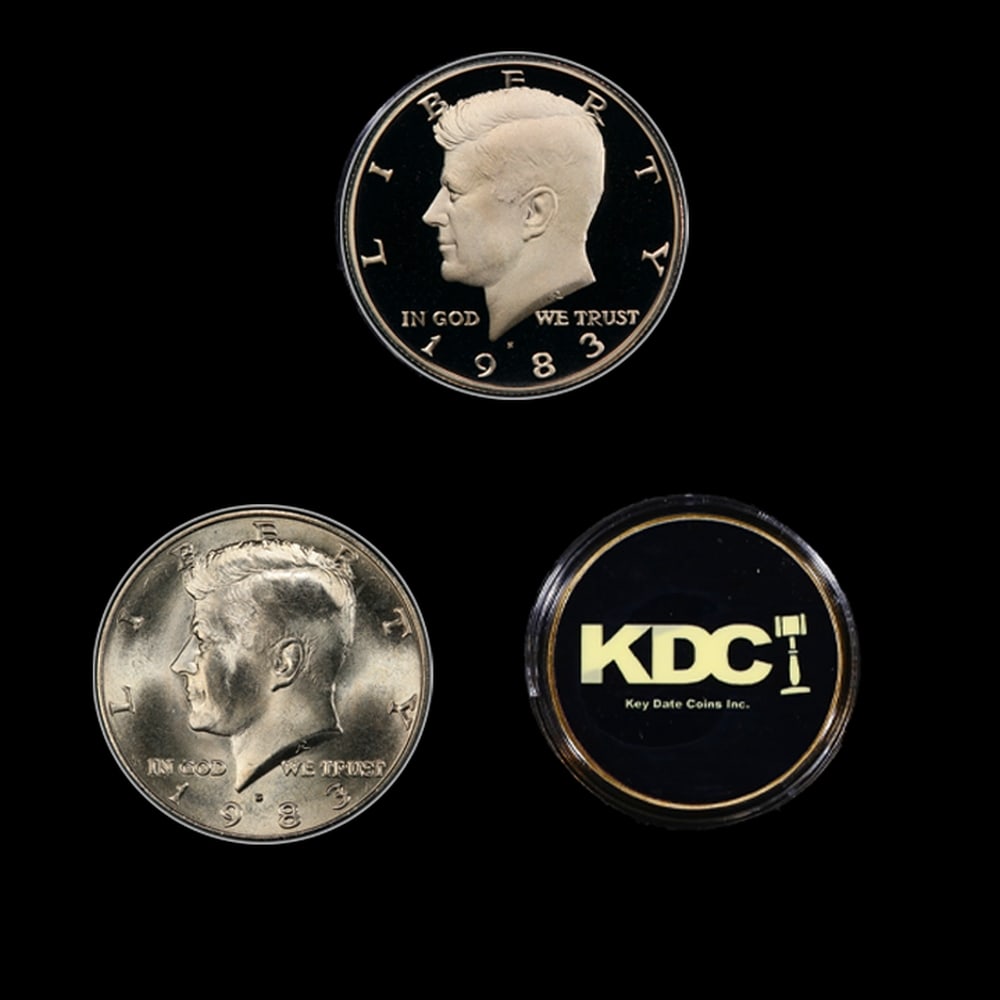 Complete 3 PC. 1983 Kennedy Half Dollar 50c set In Custom Box W/ Special Backer Card BU & Proof C... - 2