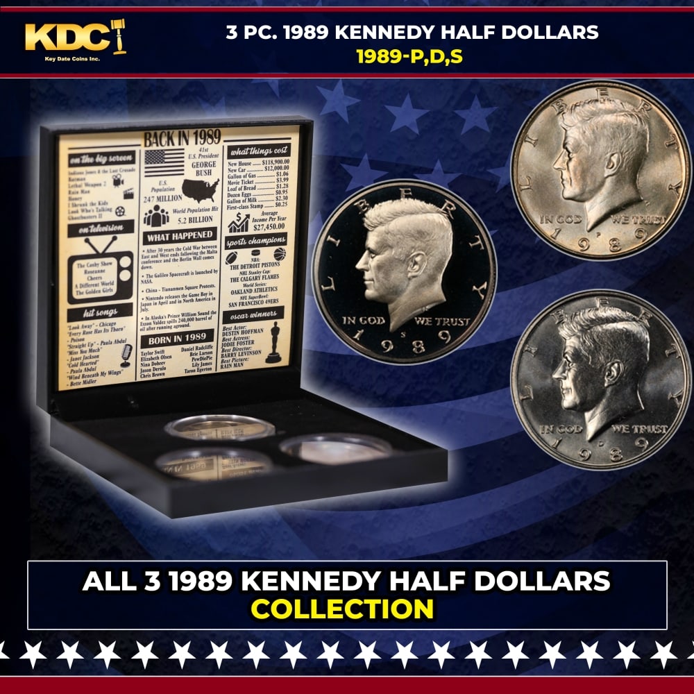 Complete 3 PC. 1989 Kennedy Half Dollar 50c set In Custom Box W/ Special Backer Card BU & Proof C...: Complete 3 PC. 1989 Kennedy Half Dollar 50c set In Custom Box W/ Special Backer Card BU & Proof COOL!. Please Note All Backer Cards may have slight differences but will be very similar if not