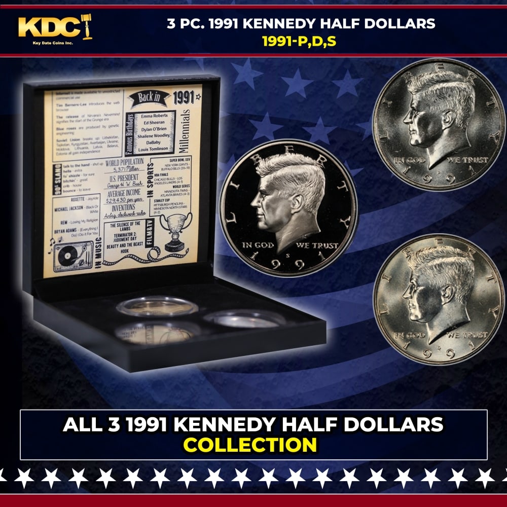 Complete 3 PC. 1991 Kennedy Half Dollar 50c set In Custom Box W/ Special Backer Card BU & Proof C...: Complete 3 PC. 1991 Kennedy Half Dollar 50c set In Custom Box W/ Special Backer Card BU & Proof COOL!. Please Note All Backer Cards may have slight differences but will be very similar if not