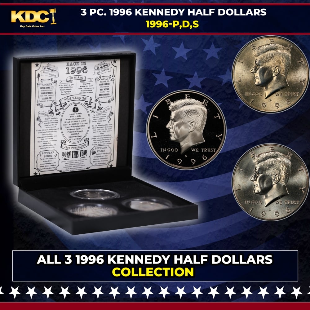 Complete 3 PC. 1996 Kennedy Half Dollar 50c set In Custom Box W/ Special Backer Card BU & Proof C...: Complete 3 PC. 1996 Kennedy Half Dollar 50c set In Custom Box W/ Special Backer Card BU & Proof COOL!. Please Note All Backer Cards may have slight differences but will be very similar if not