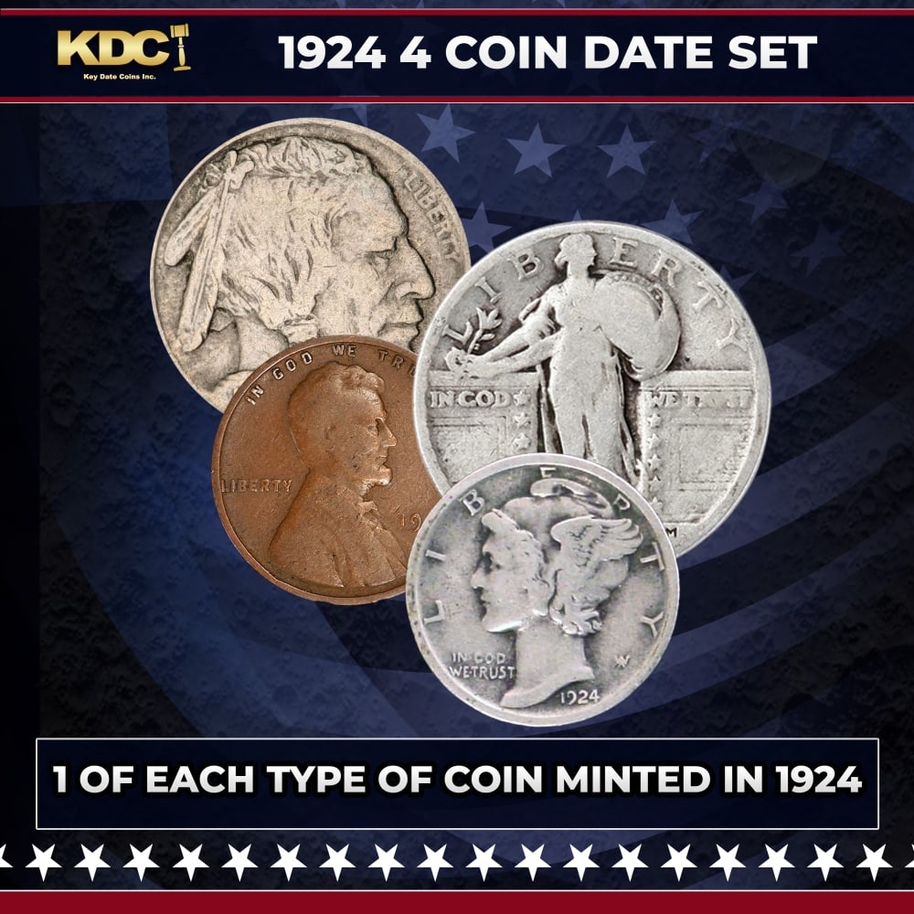 1924 5 Coin Date Set, 1 Of Each Type Of Coin Minted in 1924: 1924 5 Coin Date Set, 1 Of Each Type Of Coin Minted in 1924. Please Note All Backer Cards may have slight differences but will be very similar if not identical to the one in the photo