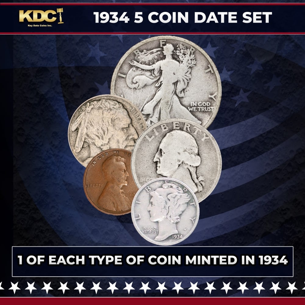 1934 5 Coin Date Set, 1 Of Each Type Of Coin Minted in 1934: 1934 5 Coin Date Set, 1 Of Each Type Of Coin Minted in 1934. Please Note All Backer Cards may have slight differences but will be very similar if not identical to the one in the photo
