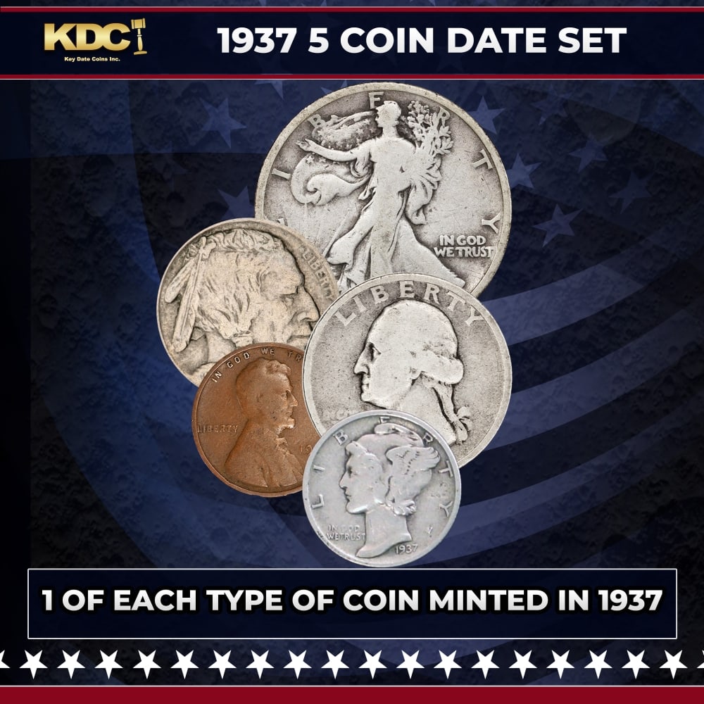 1937 5 Coin Date Set, 1 Of Each Type Of Coin Minted in 1937: 1937 5 Coin Date Set, 1 Of Each Type Of Coin Minted in 1937. Please Note All Backer Cards may have slight differences but will be very similar if not identical to the one in the photo