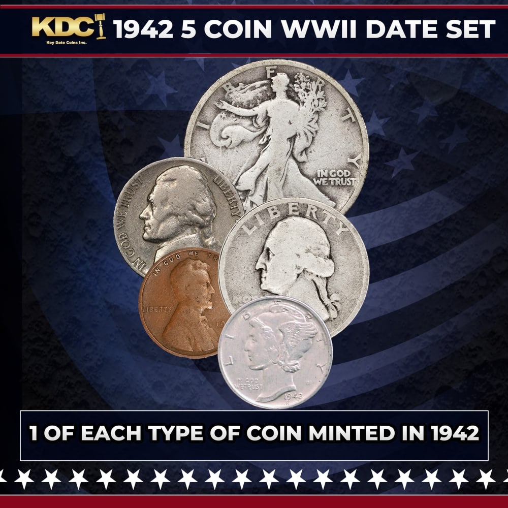 1942 WWII 5 Coin Date Set, 1 Of Each Type Of Coin Minted in 1942: 1942 WWII 5 Coin Date Set, 1 Of Each Type Of Coin Minted in 1942. Please Note All Backer Cards may have slight differences but will be very similar if not identical to the one in the photo