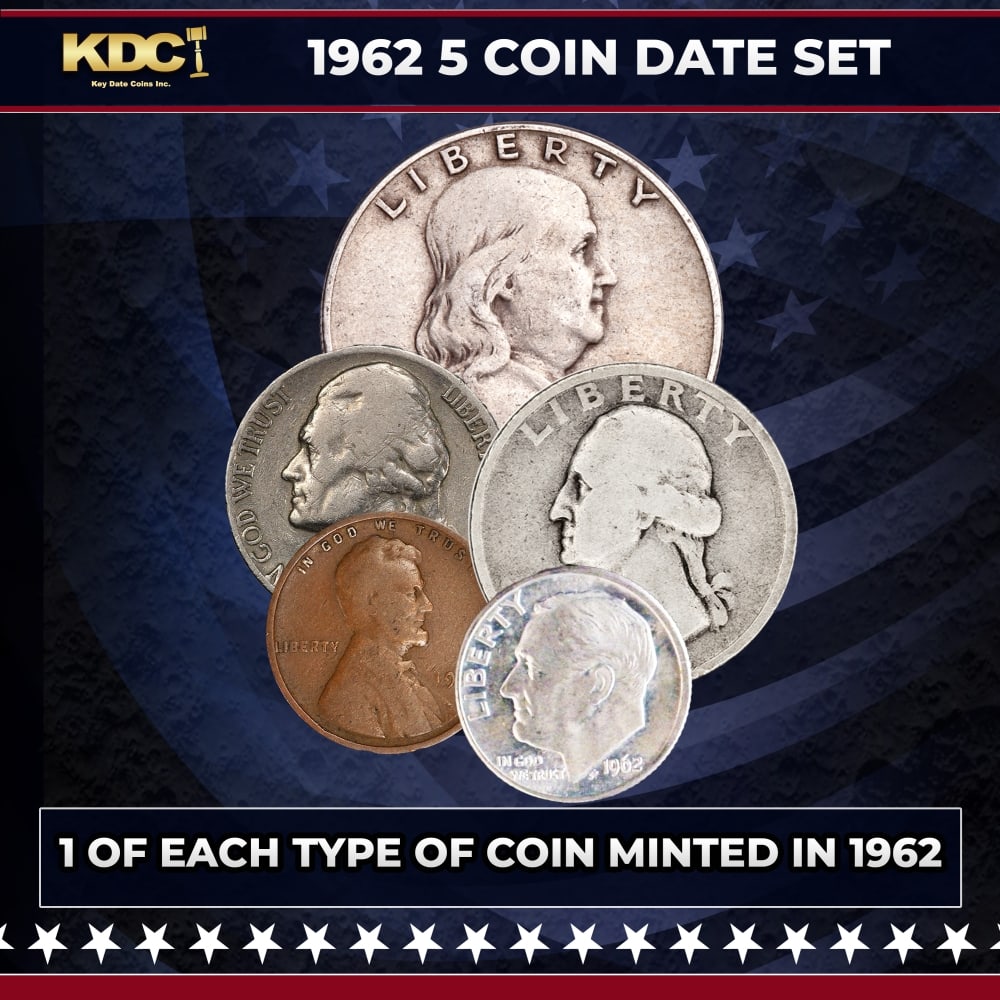 1962 5 Coin Date Set, 1 Of Each Type Of Coin Minted in 1962: 1962 5 Coin Date Set, 1 Of Each Type Of Coin Minted in 1962. Please Note All Backer Cards may have slight differences but will be very similar if not identical to the one in the photo
