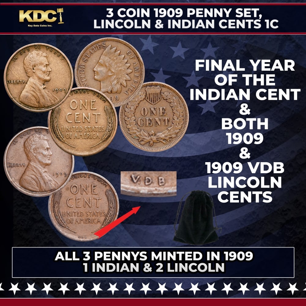 3 Coin 1909 Penny Set, Lincoln & Indian Cents 1c: 3 Coin 1909 Penny Set, Lincoln & Indian Cents 1c. You'll enjoy three of the most famous and sought-after U.S. cents with this exciting set of historic 1909 issues! You'll receive the following