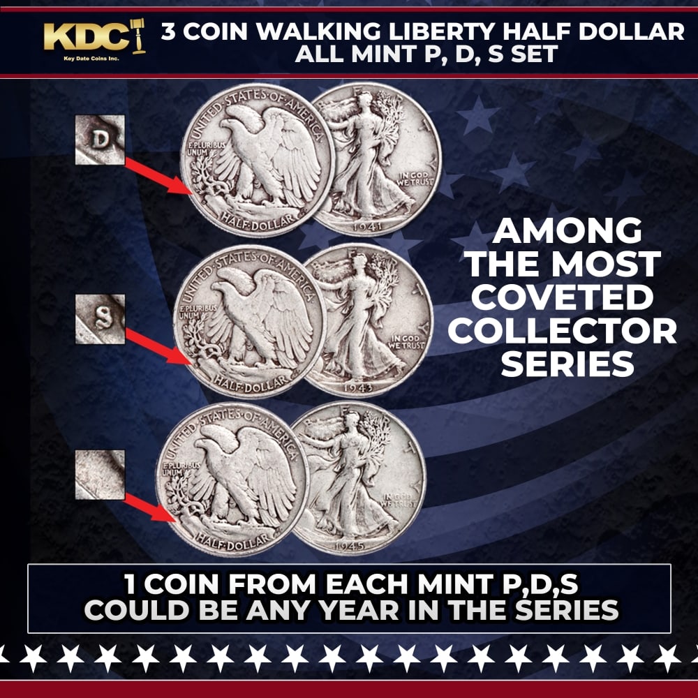 3 Coin Walking Liberty Half Dollar 50c All Mint P,D,S Set Random Year: 3 Coin Walking Liberty Half Dollar 50c All Mint P,D,S Set Random Year. Considered by many to be America's most beautiful silver coins, Liberty Walking half dollars of 1916 to 1947 are among the most c